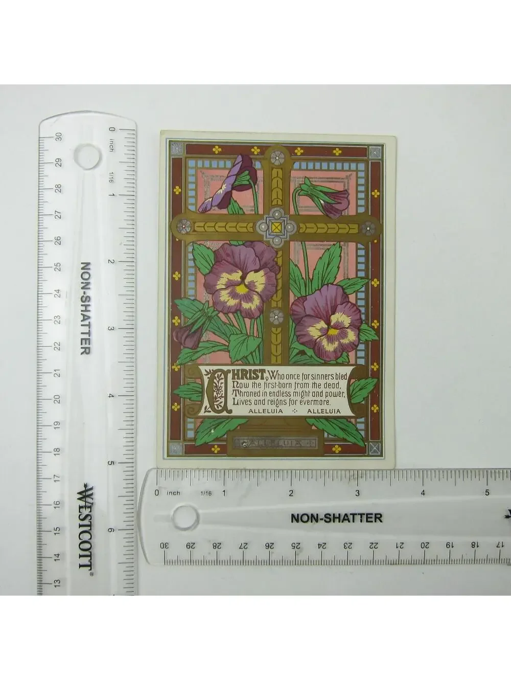 Victorian Greeting Card Easter Purple & Yellow Pansy Flowers Gold Cross Antique